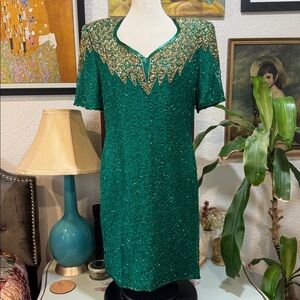 Vintage Emerald Green Silk Beaded Dress with Gold Accents